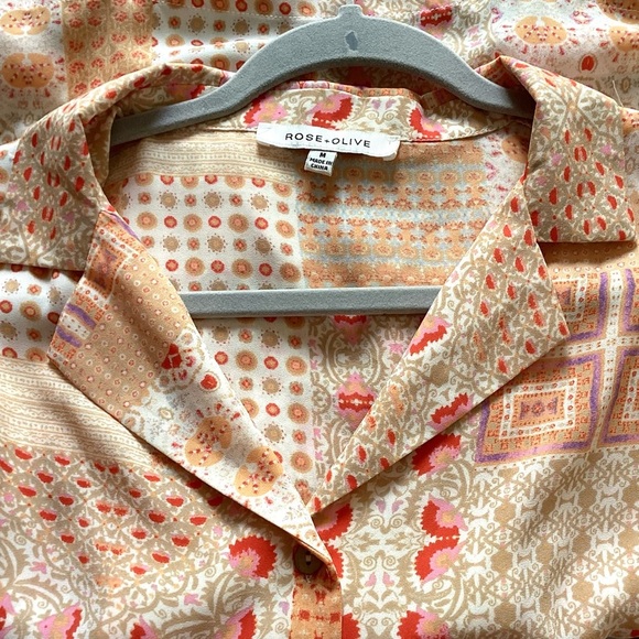 Rose & Olive orange & Tan Patchwork Print Crop ButtonUp Blouse Top Size Medium - Picture 8 of 9